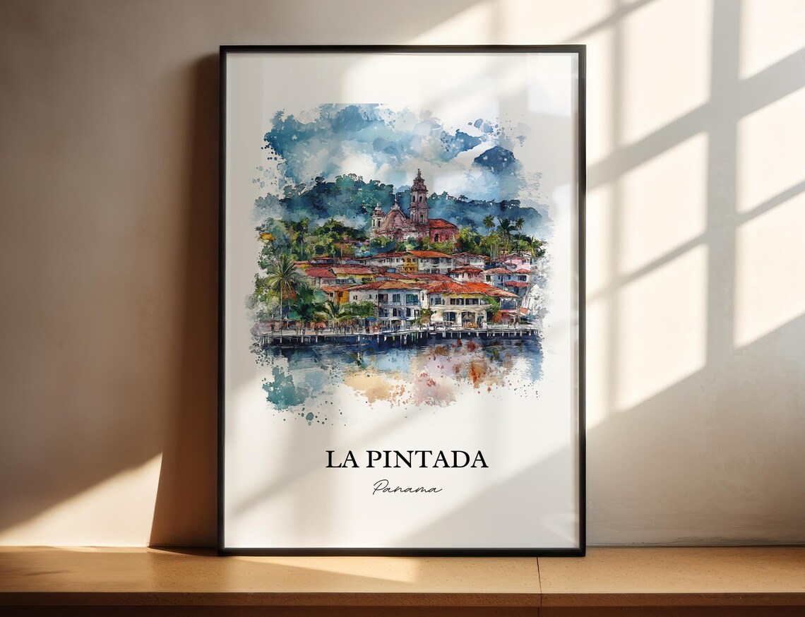 La Pintada Panama Coastal Town Church Tower Harbor Watercolor Poster