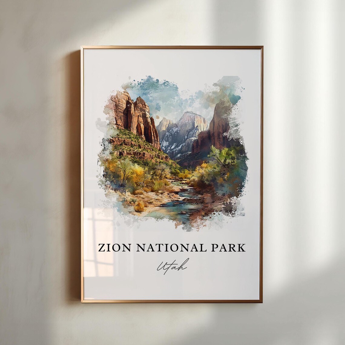 Zion National Park Watercolor Travel Poster, Utah