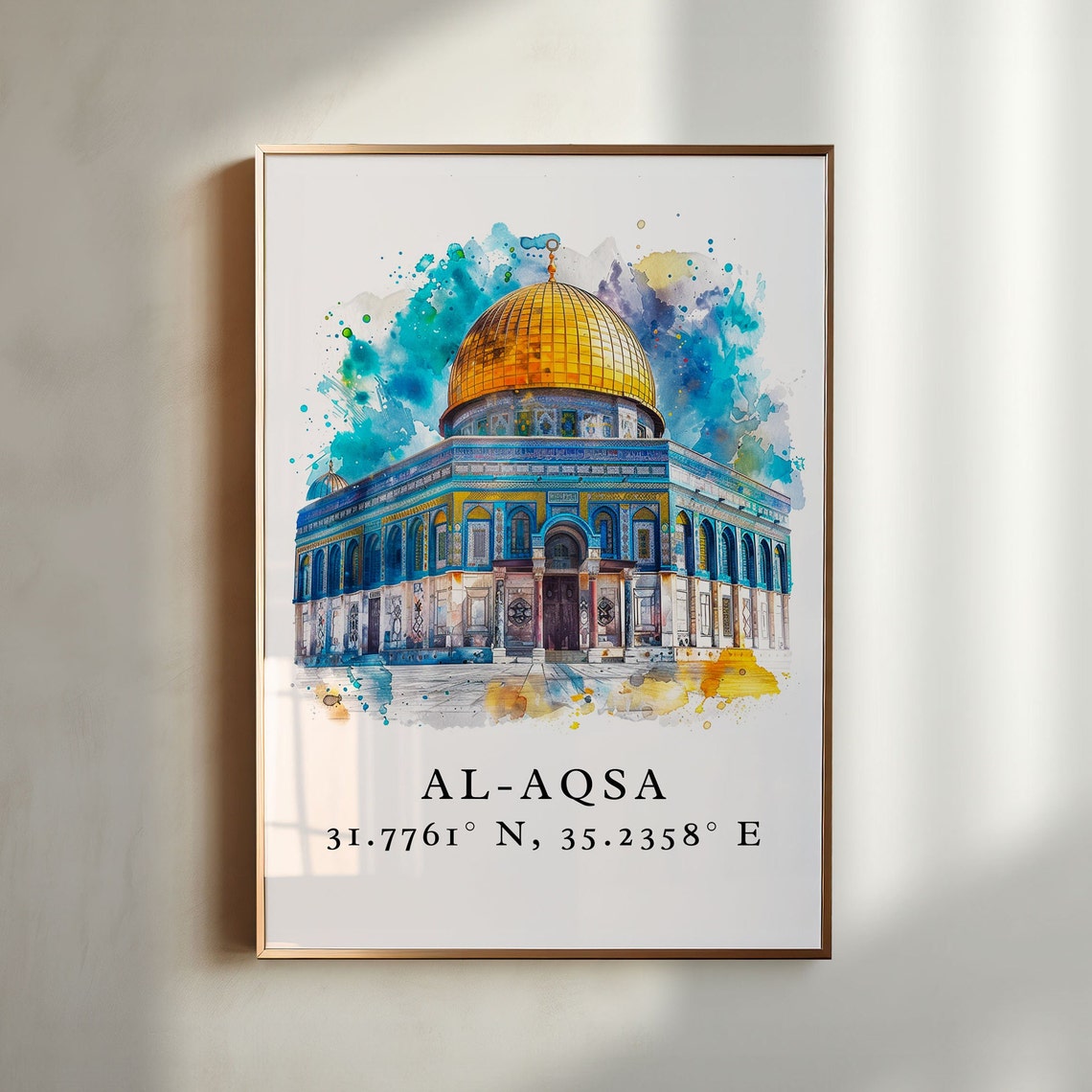 Al Aqsa Mosque Dome Watercolor Jerusalem Coordinates Travel Poster