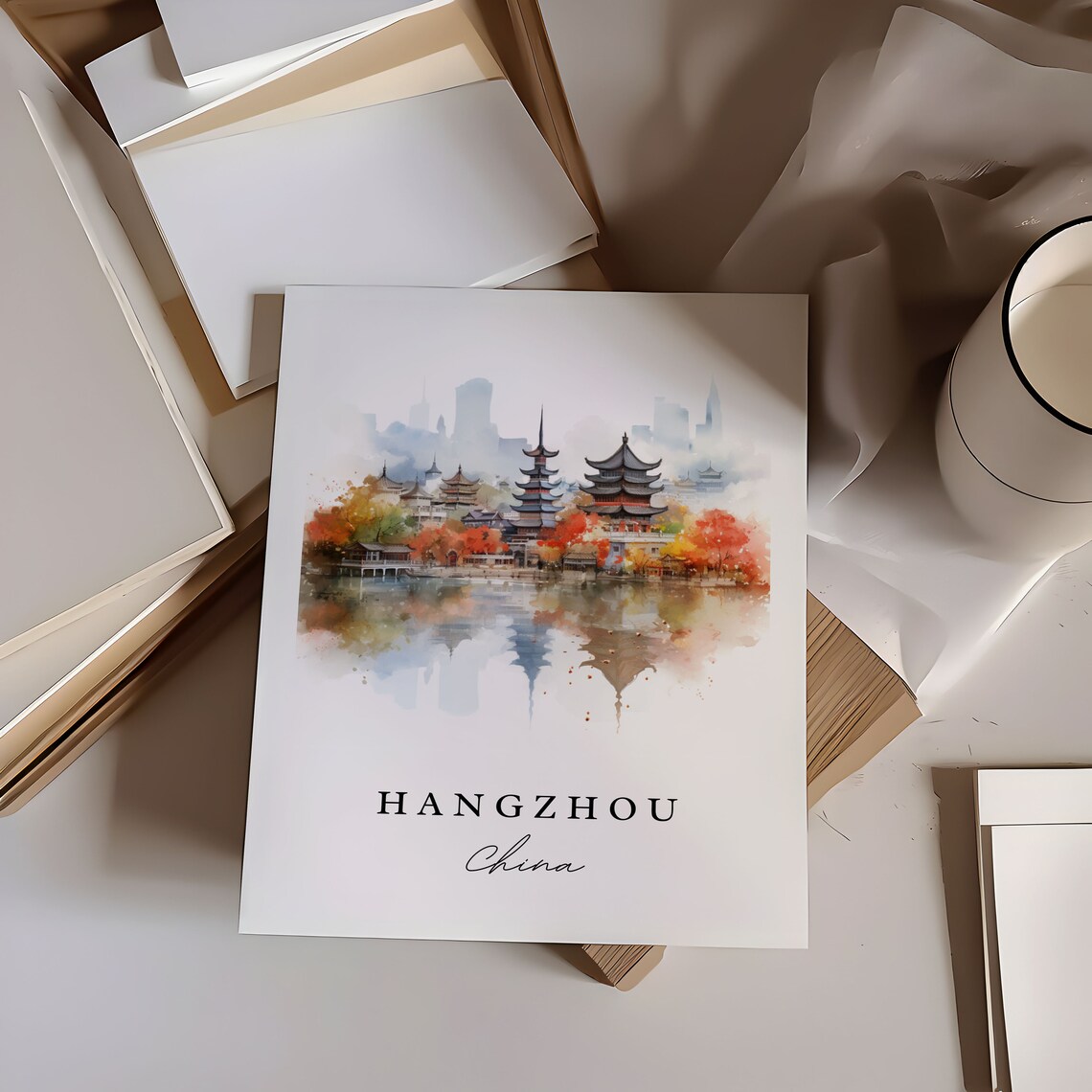 Hangzhou China Watercolor West Lake Pagodas Autumn Travel Poster - Image 7