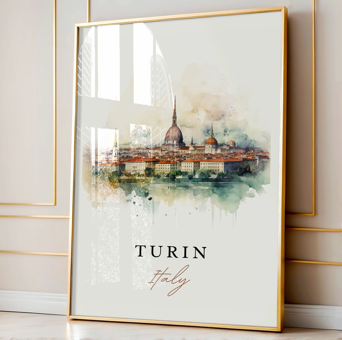 Turin Italy Historic City Skyline Domes Watercolor Travel Poster - Image 3