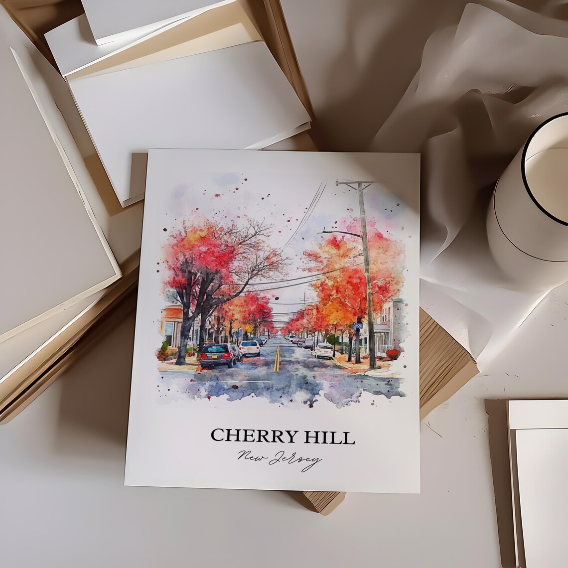 Cherry Hill New Jersey Watercolor Autumn Street Red Foliage Travel Poster - Image 4