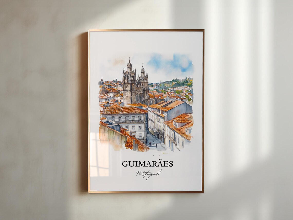 Guimaraes Portugal Watercolor Cathedral Rooftops Old Town Poster - Image 5