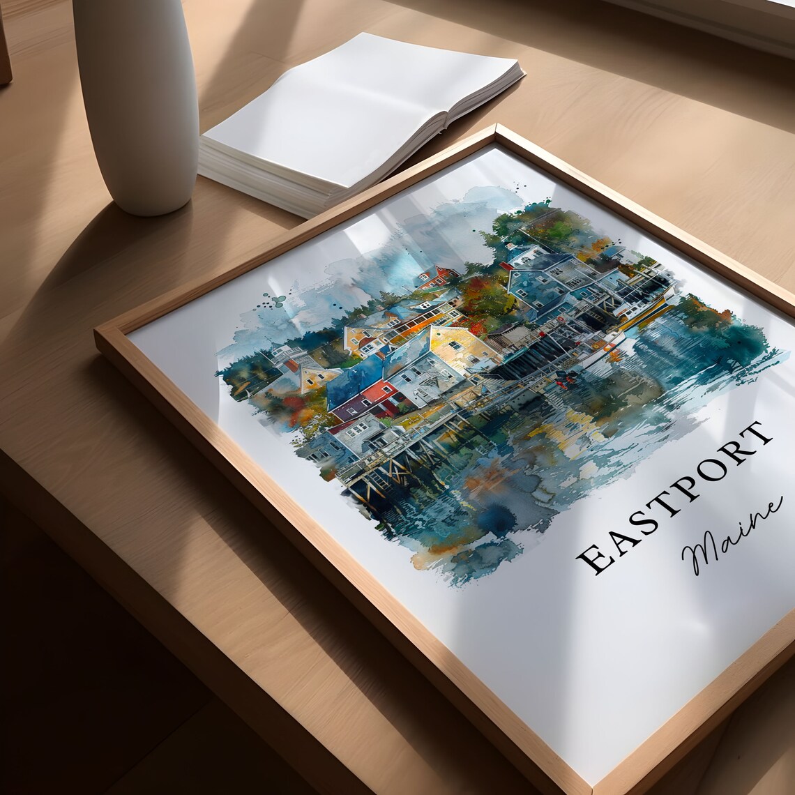 Eastport Maine Colorful Harbor Village Waterfront Watercolor Poster - Image 5
