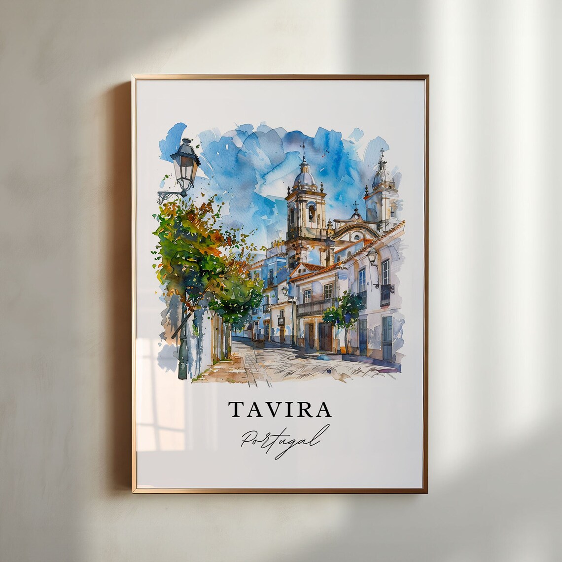 Tavira Portugal Church Towers Street Watercolor Travel Art Poster