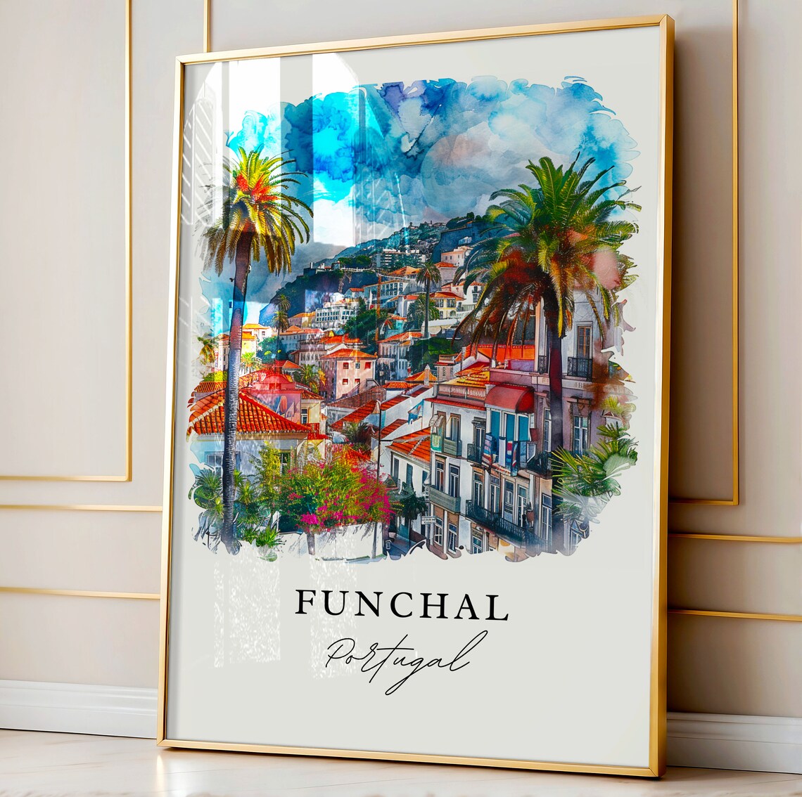 Funchal Portugal Palm Hillside City Watercolor Madeira Travel Poster - Image 3
