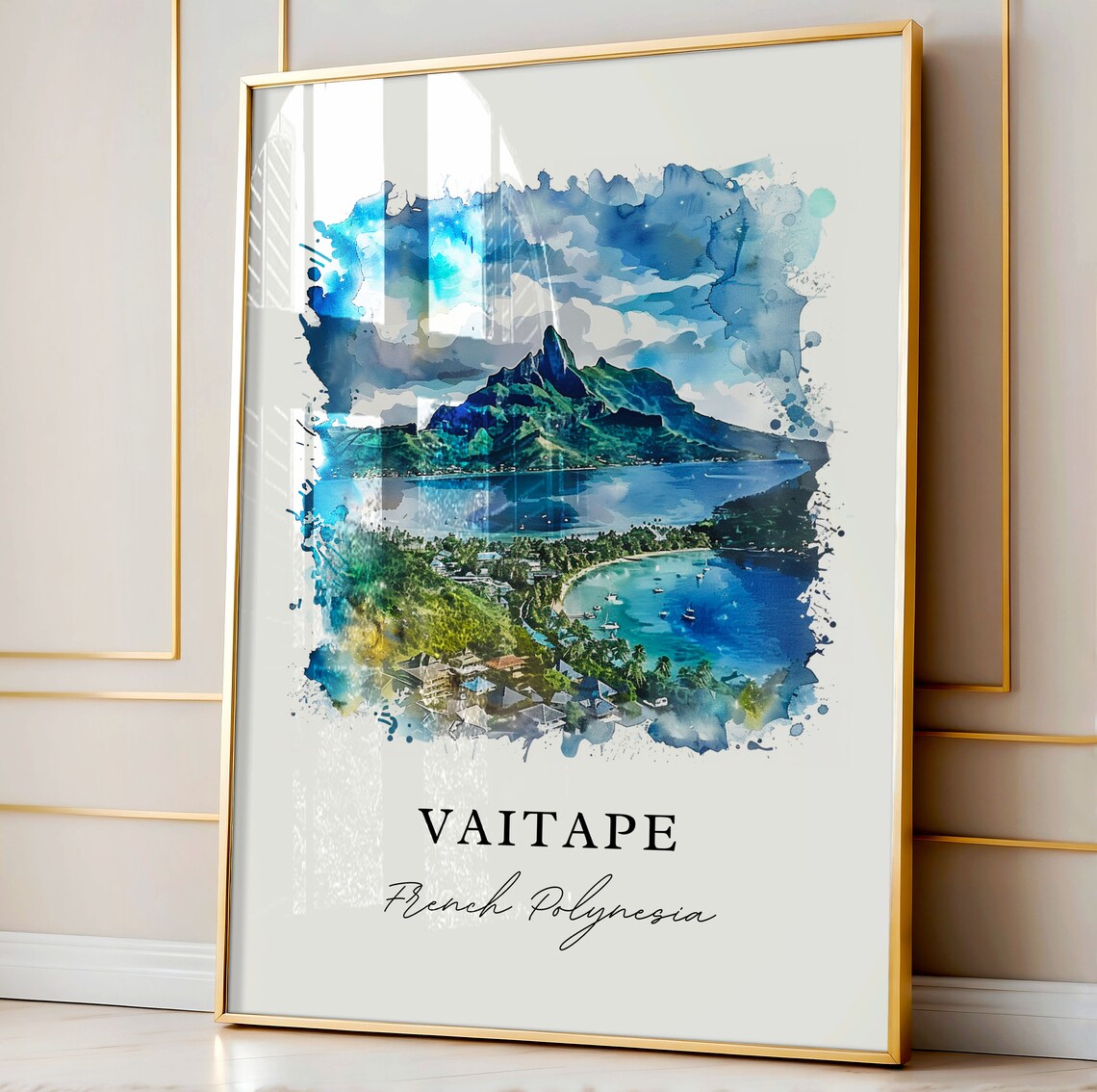 Vaitape French Polynesia Lagoon Mountain Bay Watercolor Art Poster - Image 4
