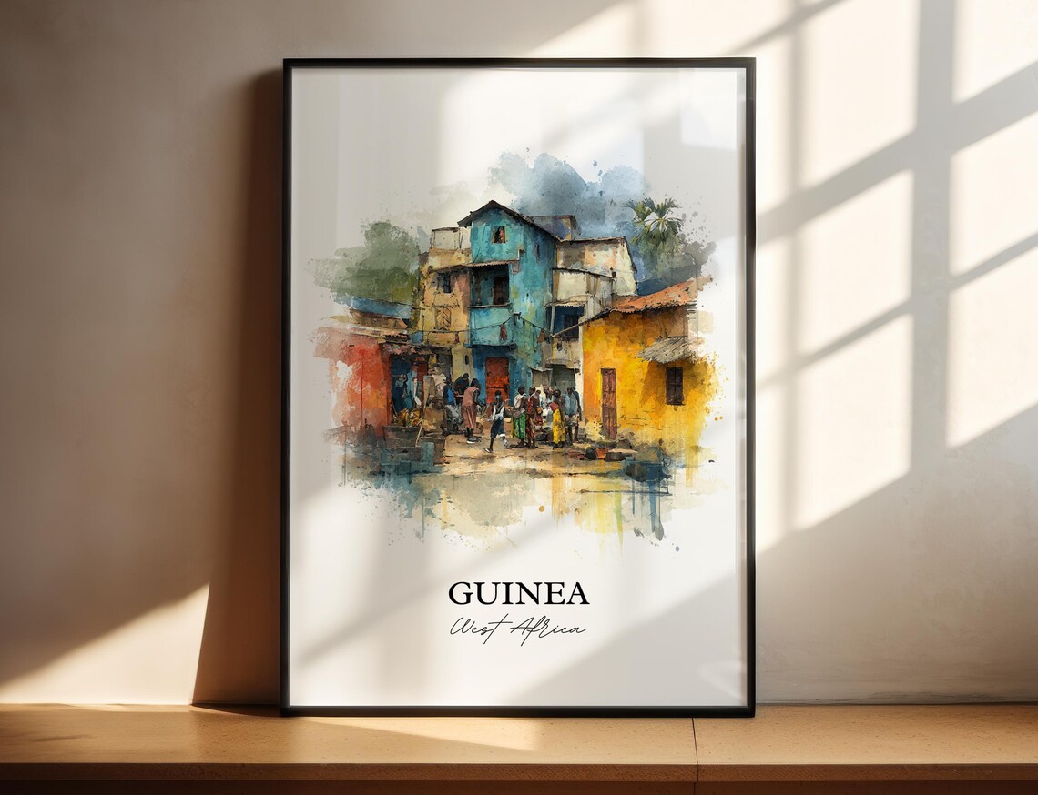 Guinea West Africa Colorful Old Town Street Watercolor Poster