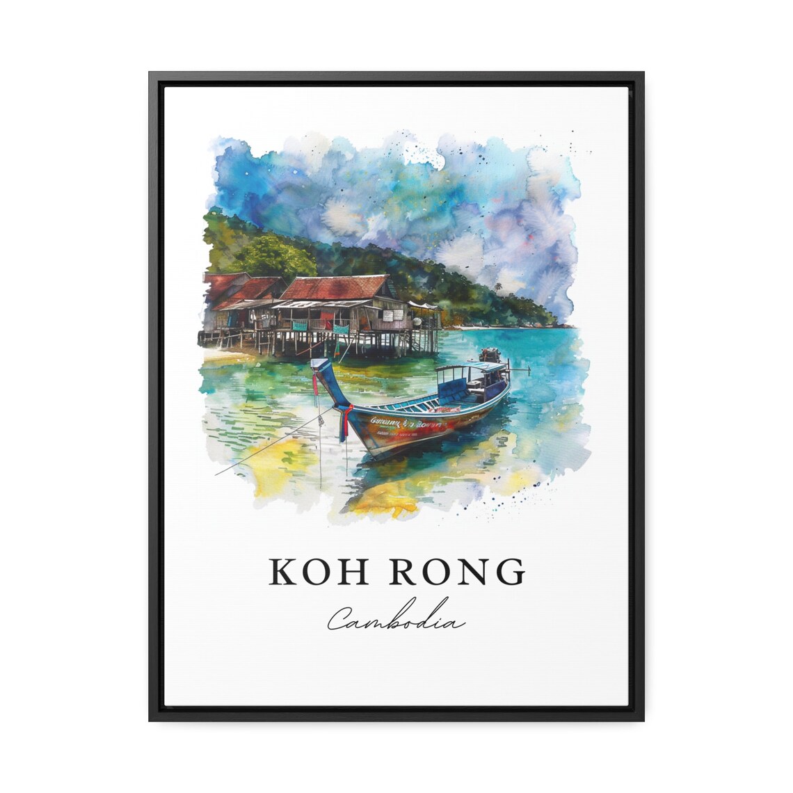 Koh Rong Cambodia Watercolor Stilt Houses Island Boat Art Poster - Image 3