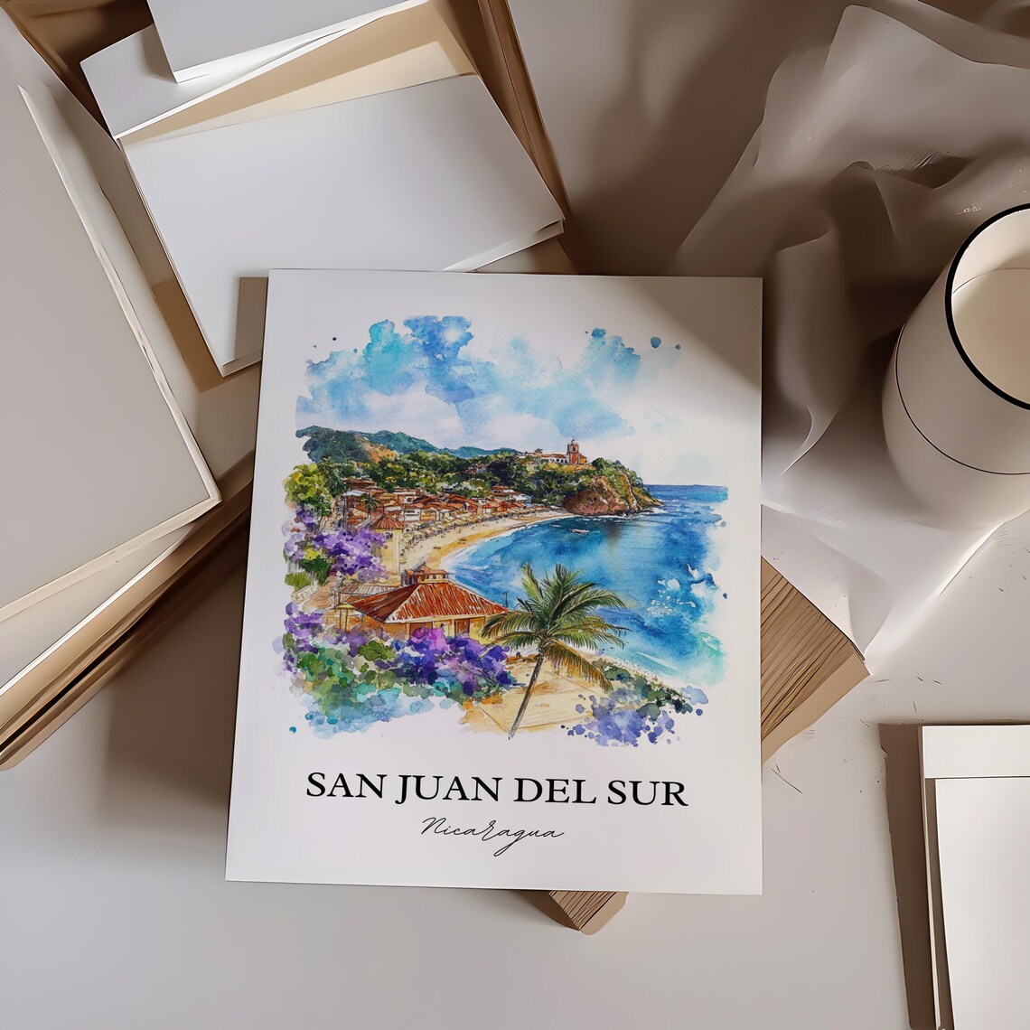 San Juan del Sur Nicaragua Watercolor Beach Bay Palm Travel Poster - Image 4