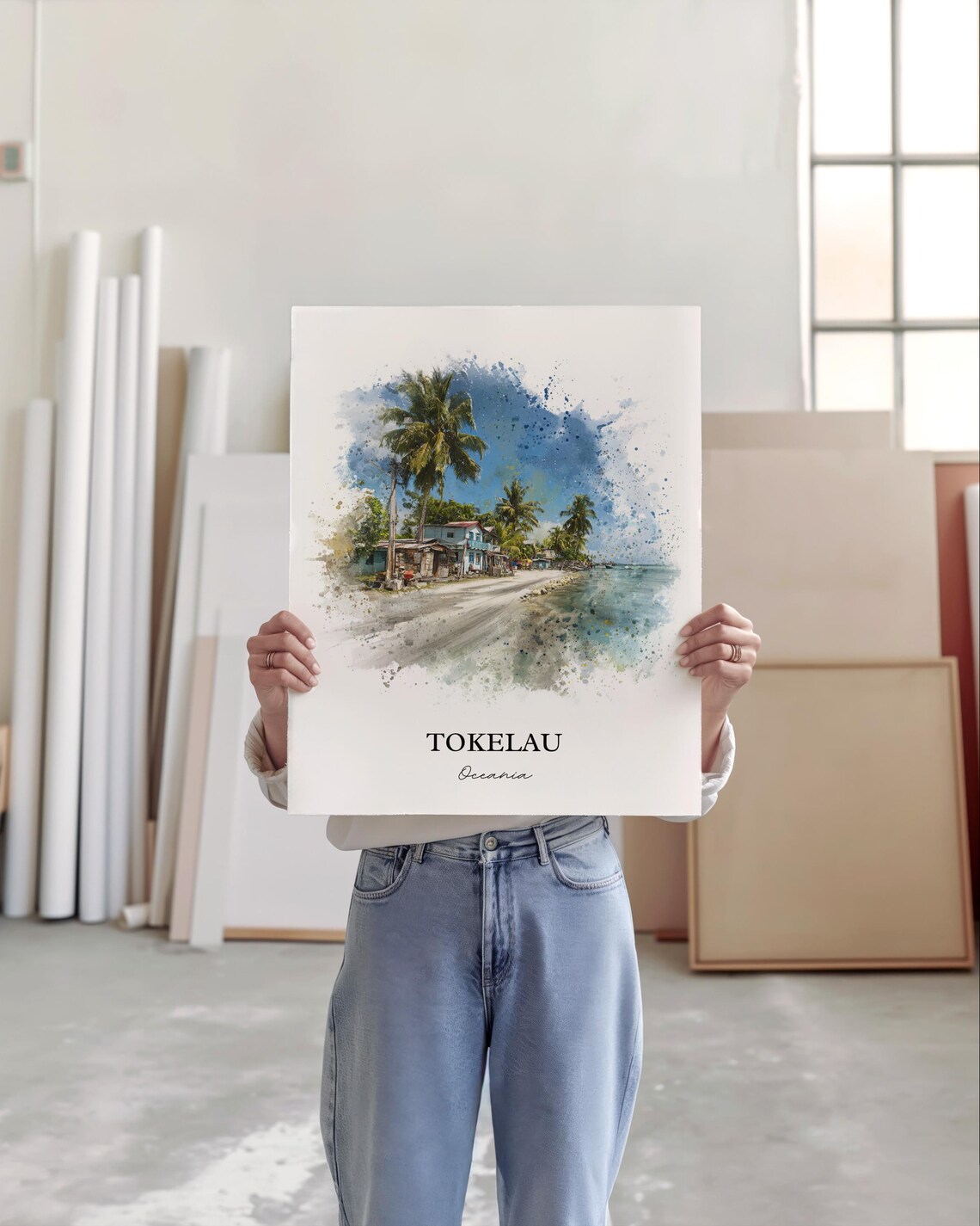 Tokelau Oceania Palm Trees Beachfront Watercolor Island Art Poster - Image 5