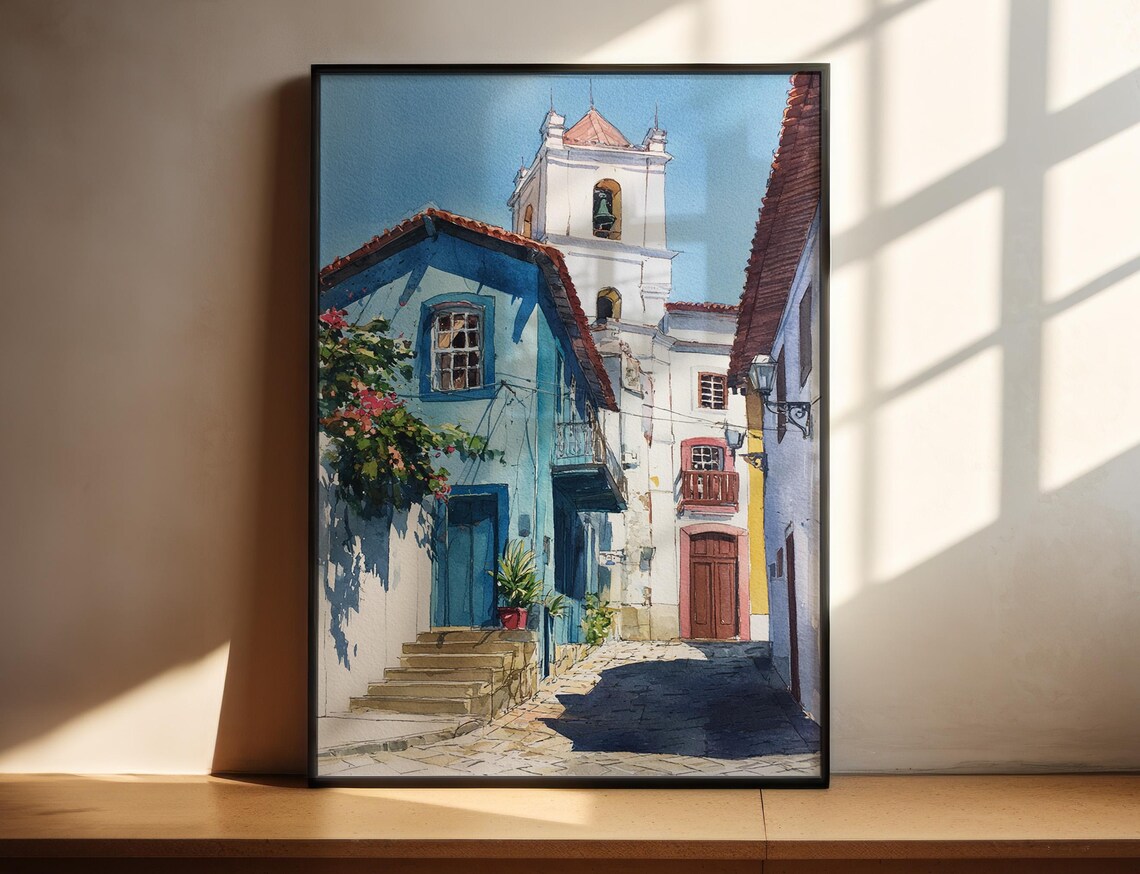 Olinda Brazil Colonial Street Church Tower Watercolor Poster