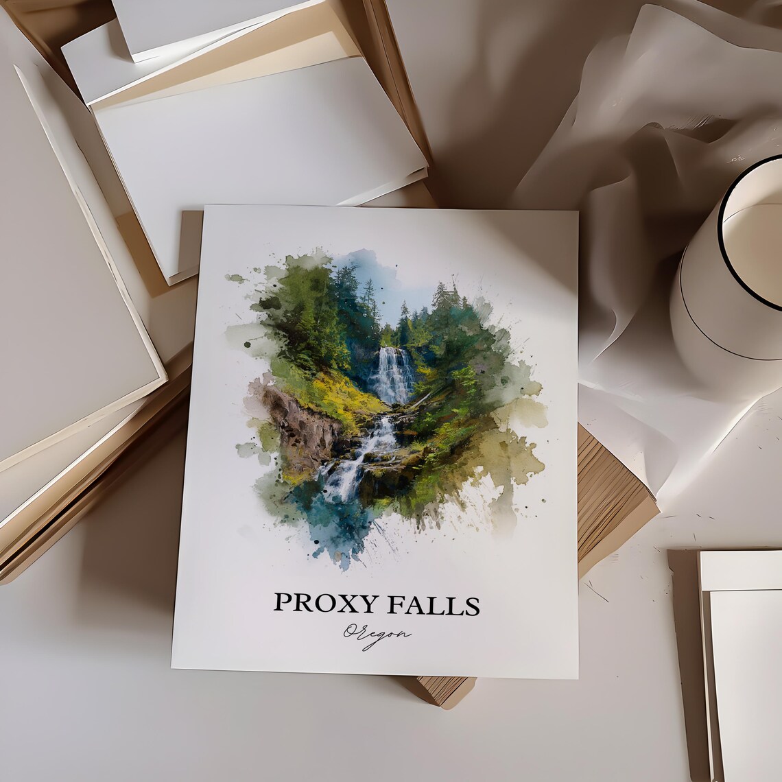 Proxy Falls Oregon Cascading Waterfall Forest Watercolor Travel Poster - Image 2