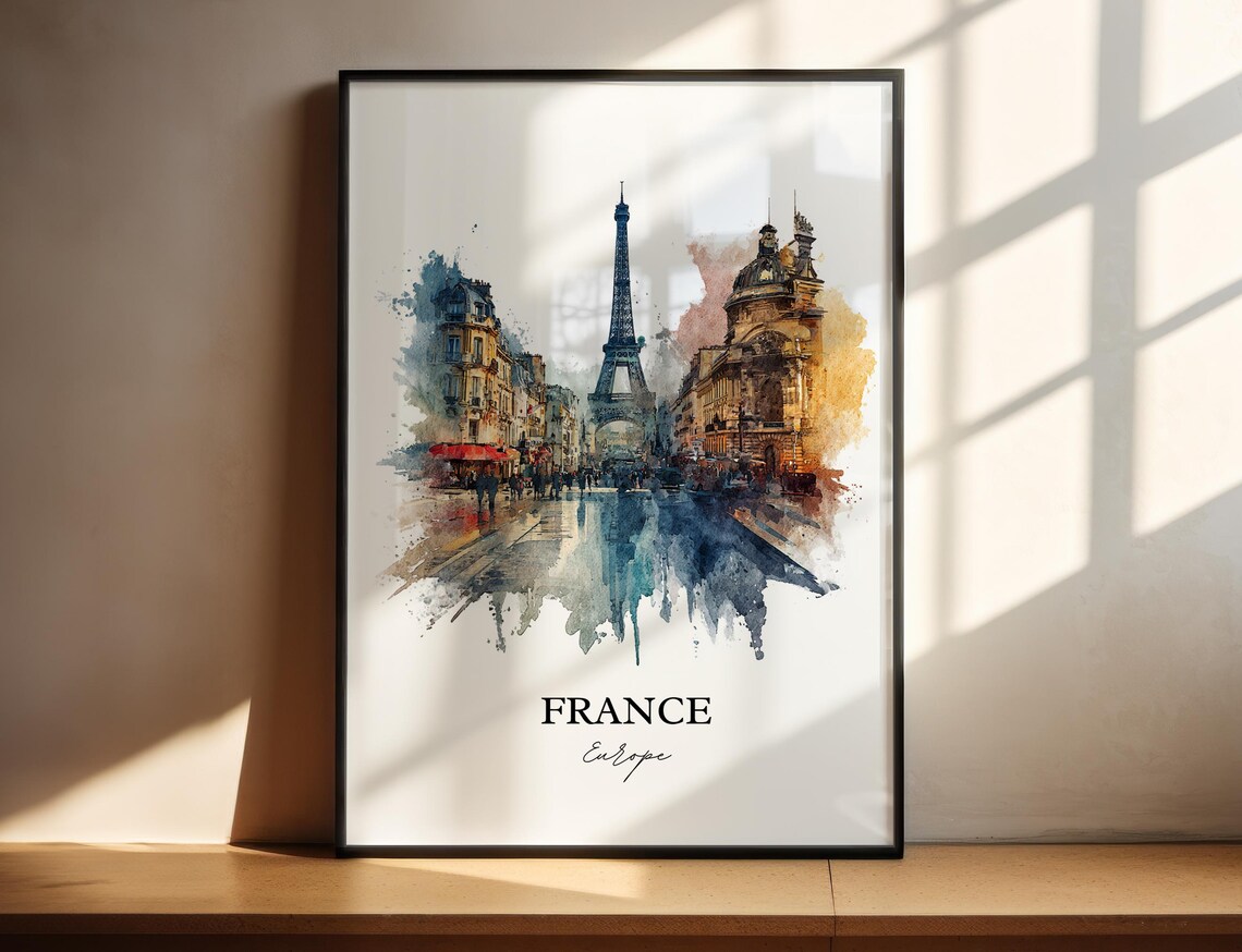 France Paris Eiffel Tower Street Watercolor Europe Travel Poster