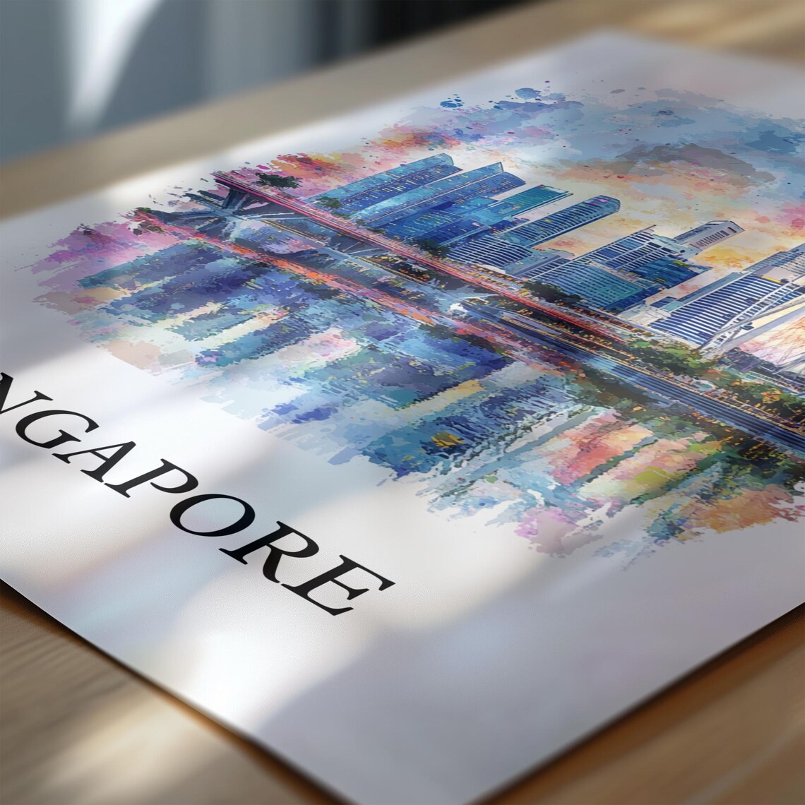 Singapore Watercolor Marina Bay Skyline Ferris Wheel View Poster - Image 6