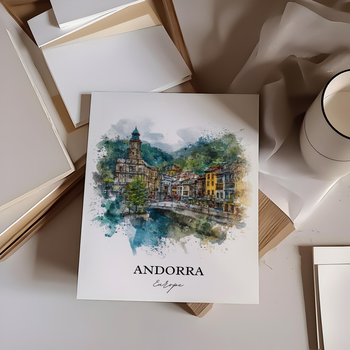 Andorra Old Mountain Town River Watercolor Europe Travel Poster - Image 3