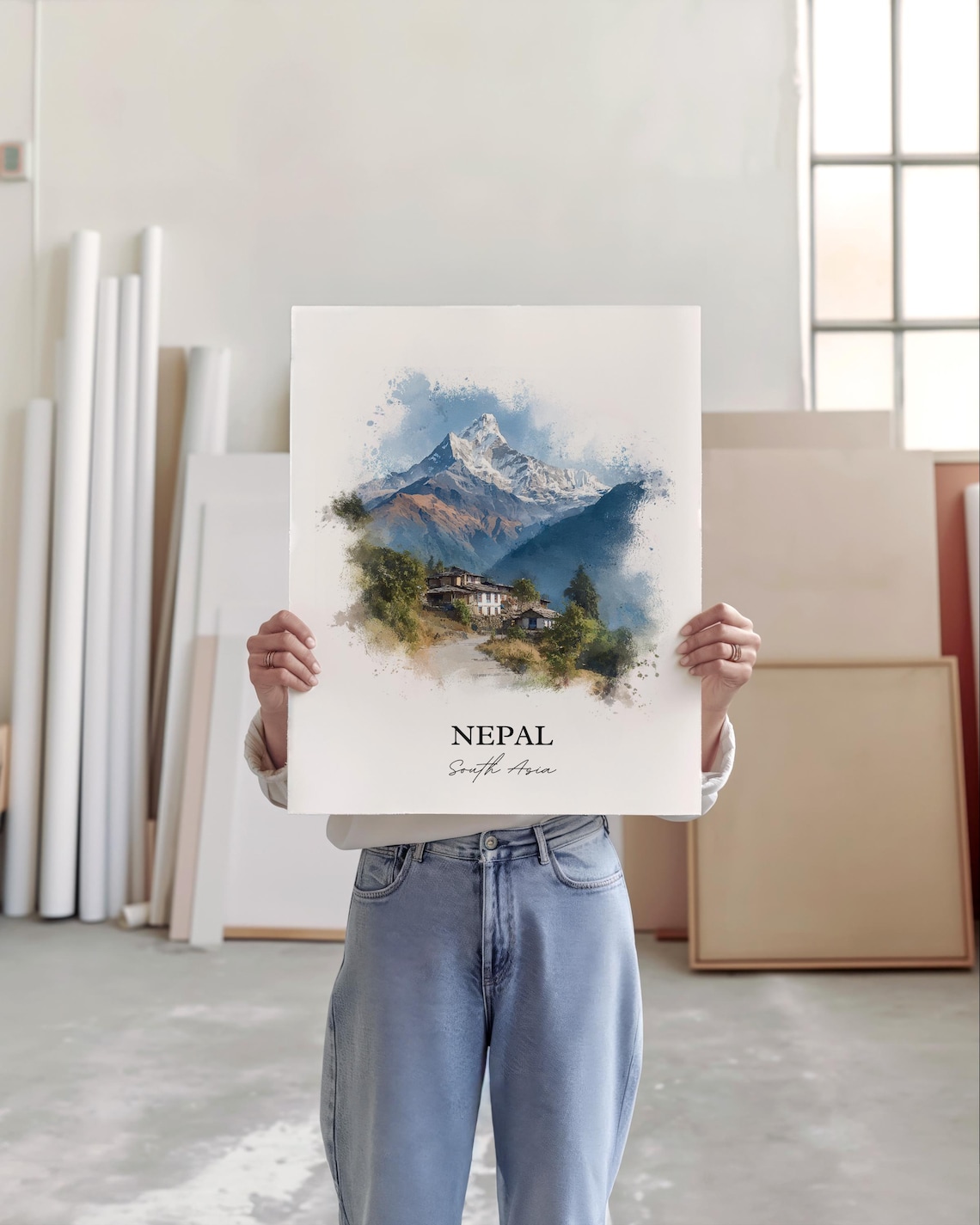 Nepal South Asia Himalayan Peak Mountain Village Watercolor Poster - Image 4