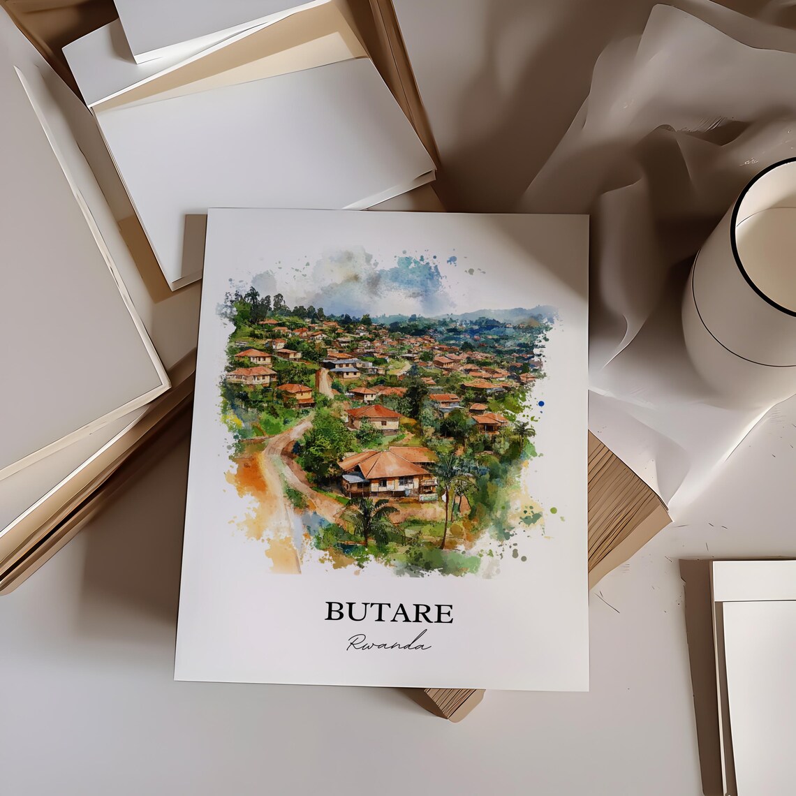 Butare Rwanda Green Hill Town Watercolor Scenic Travel Poster - Image 4