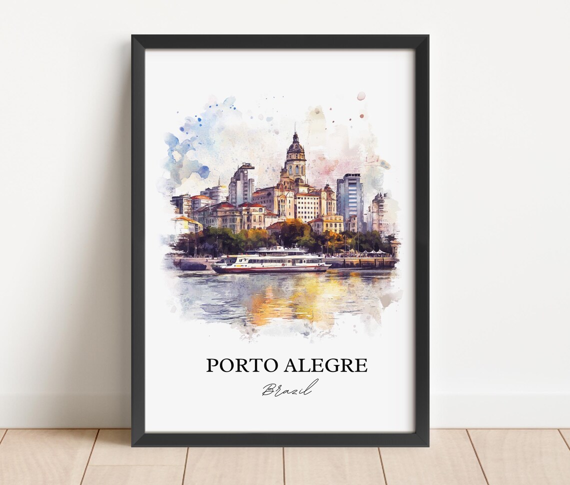 Porto Alegre Brazil Watercolor Cathedral River Boat Sunset Poster - Image 4