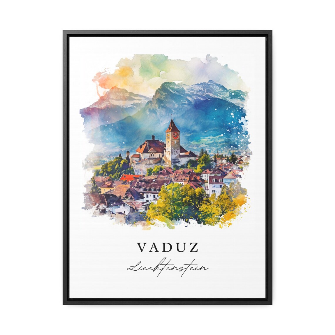 Vaduz Liechtenstein Alpine Castle Town Watercolor Travel Poster - Image 2
