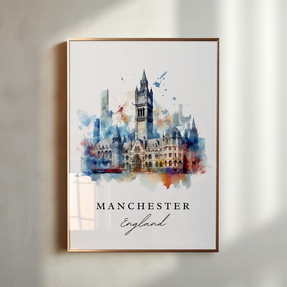 Manchester England Watercolor Travel Poster Print