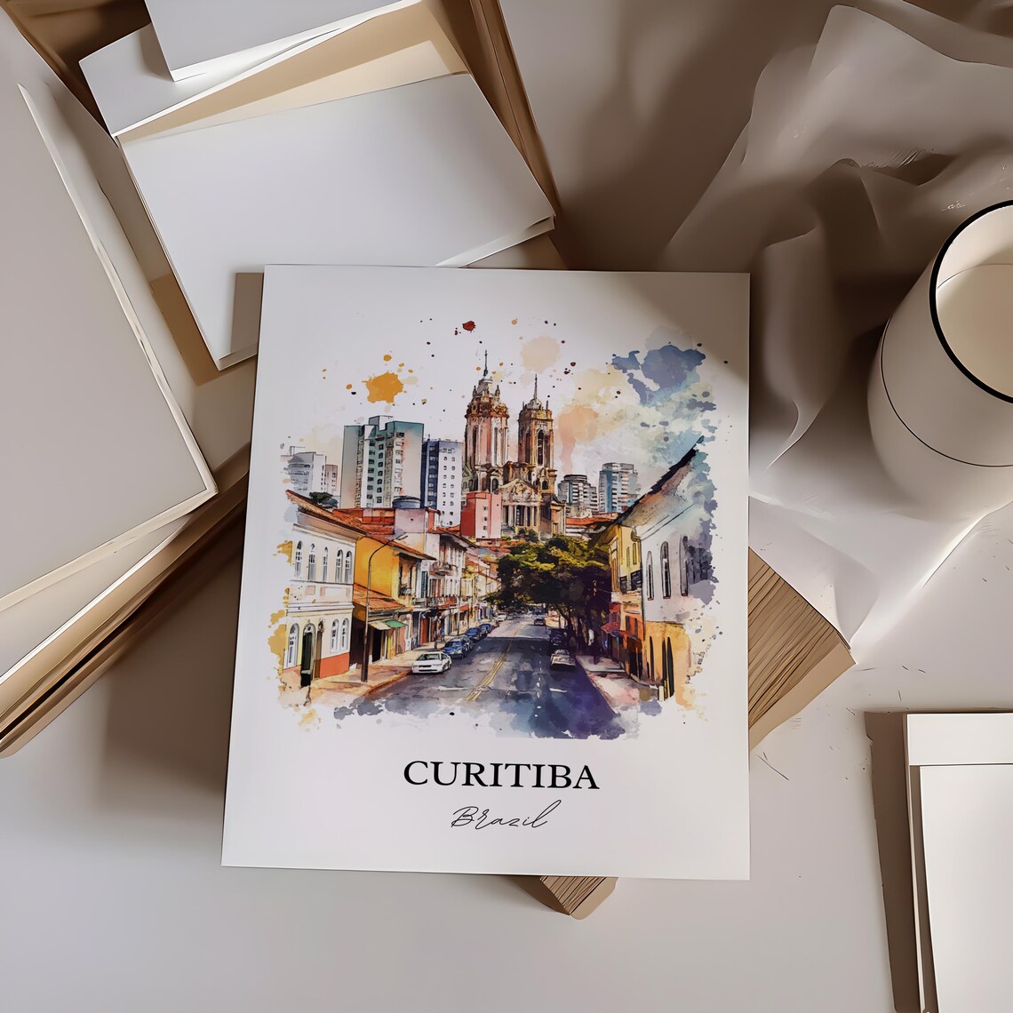 Curitiba Brazil Watercolor Twin Spire Cathedral Street Poster - Image 2