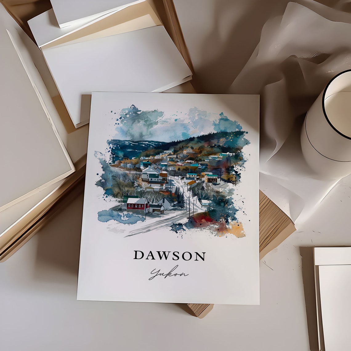 Dawson Yukon Watercolor Snowy Town Hills Winter Scene Poster - Image 6