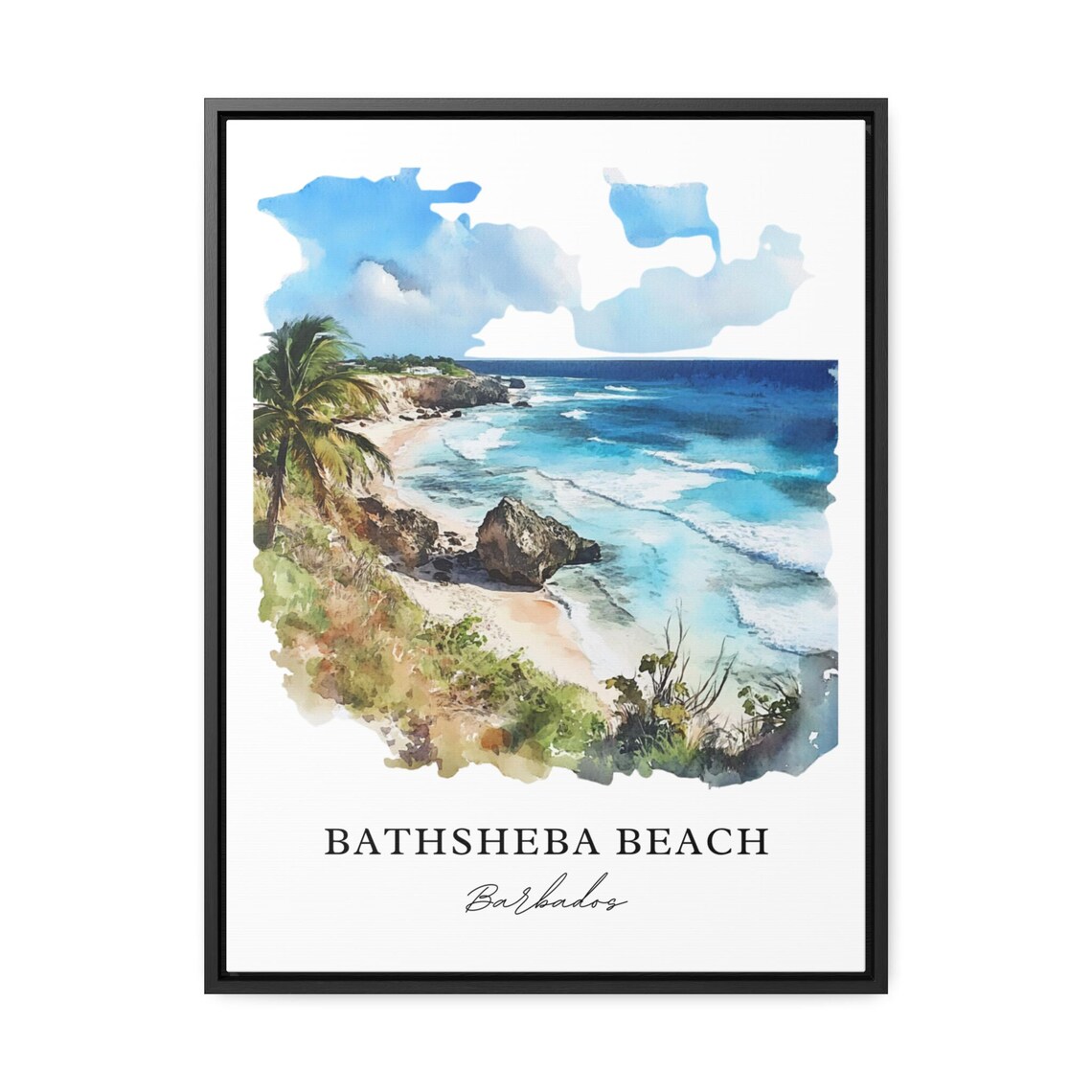 Bathsheba Beach Barbados Watercolor Atlantic Surf Rocks Palms Poster - Image 2