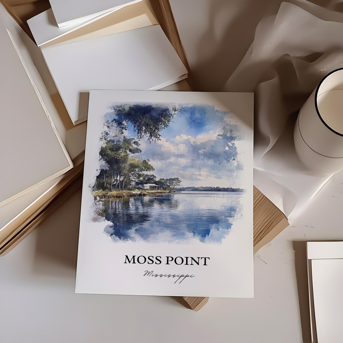 Moss Point Mississippi Calm Bay Water Trees Watercolor Art Poster - Image 3