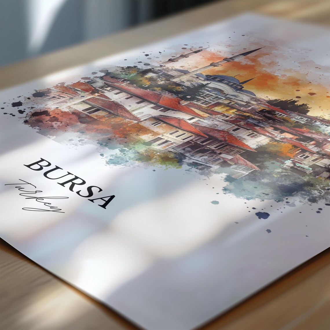 Bursa Turkey Watercolor Old Town Mosque Skyline Travel Poster - Image 7