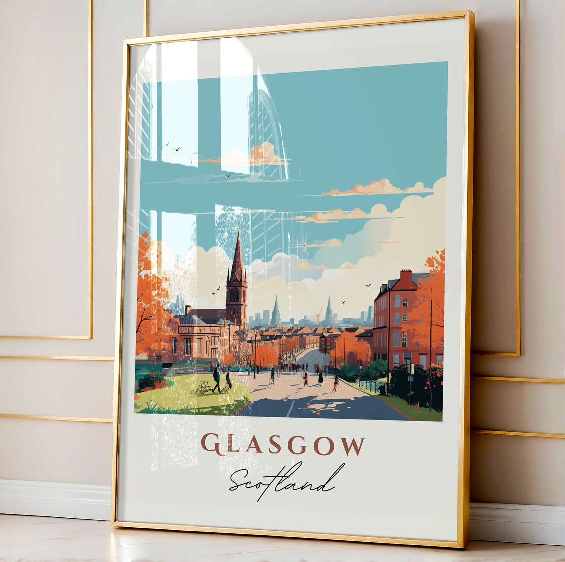 Glasgow Scotland Autumn Street City Skyline Vintage Style Poster - Image 4