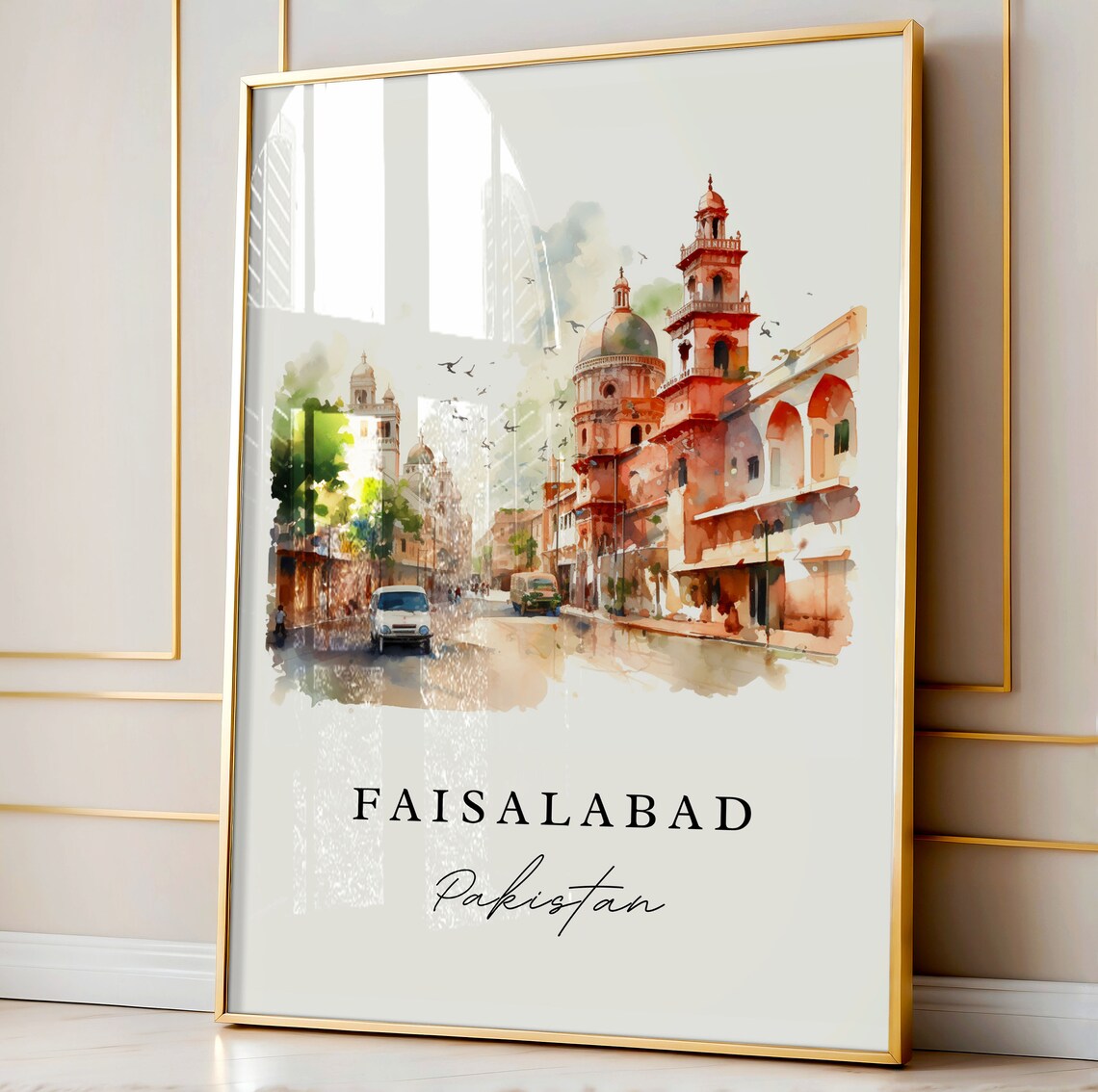 Faisalabad Pakistan Watercolor Historic Street Scene Travel Poster - Image 4