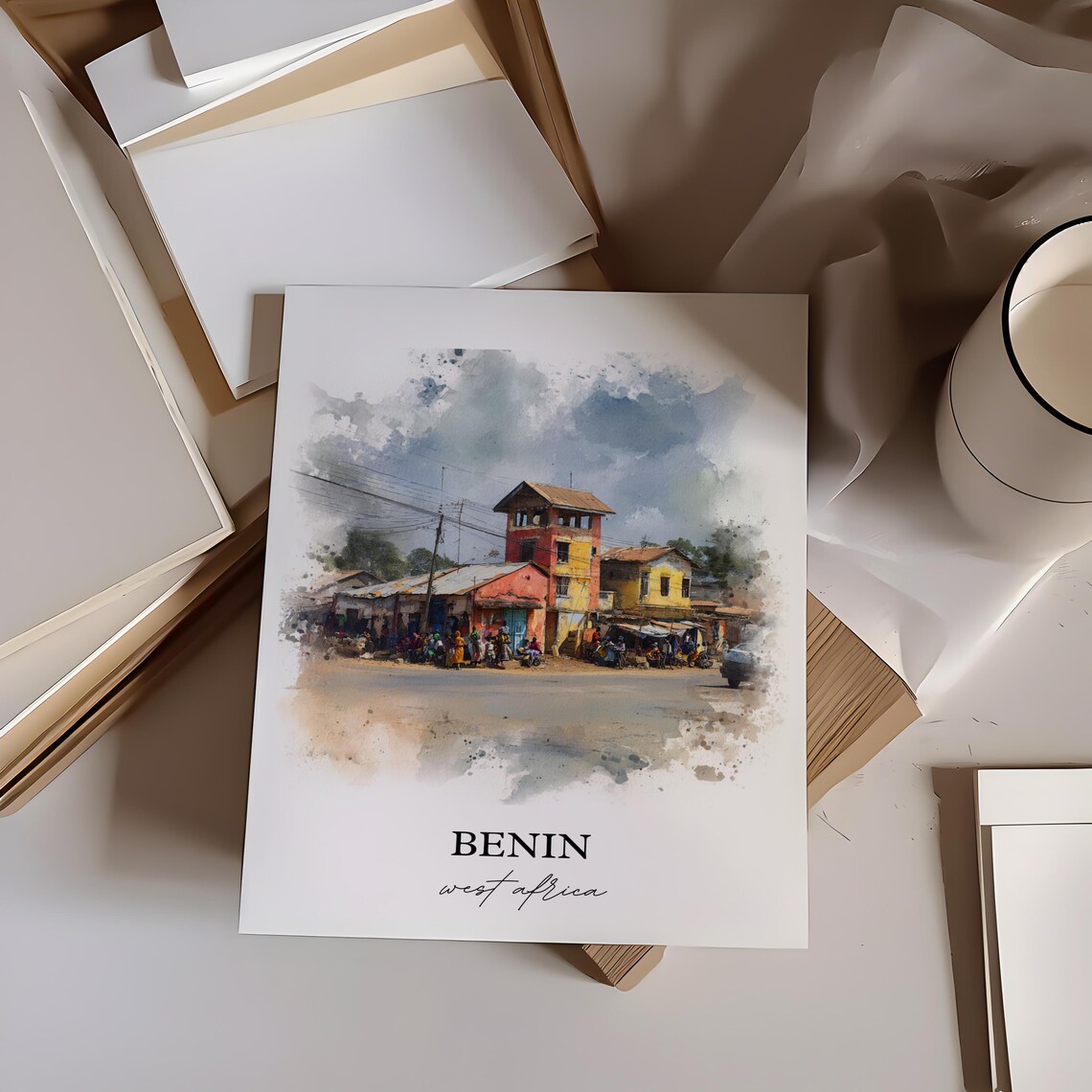 Benin West Africa Street Market Scene Watercolor Artwork Poster - Image 2