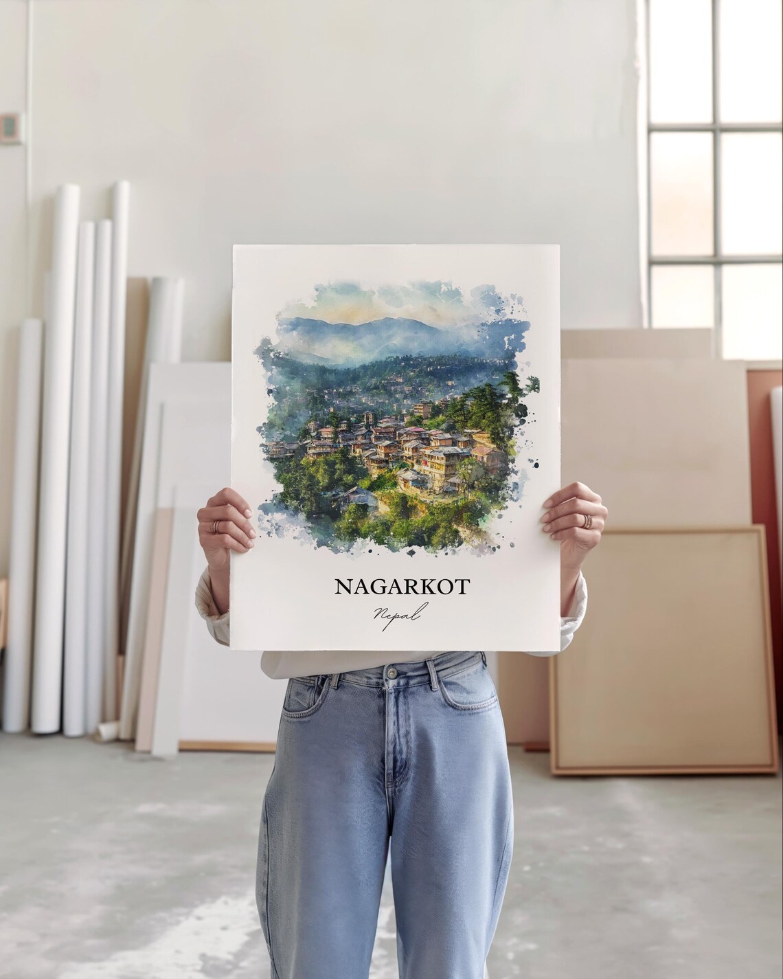 Nagarkot Nepal Watercolor Himalayan Hill Town Panorama Poster - Image 4