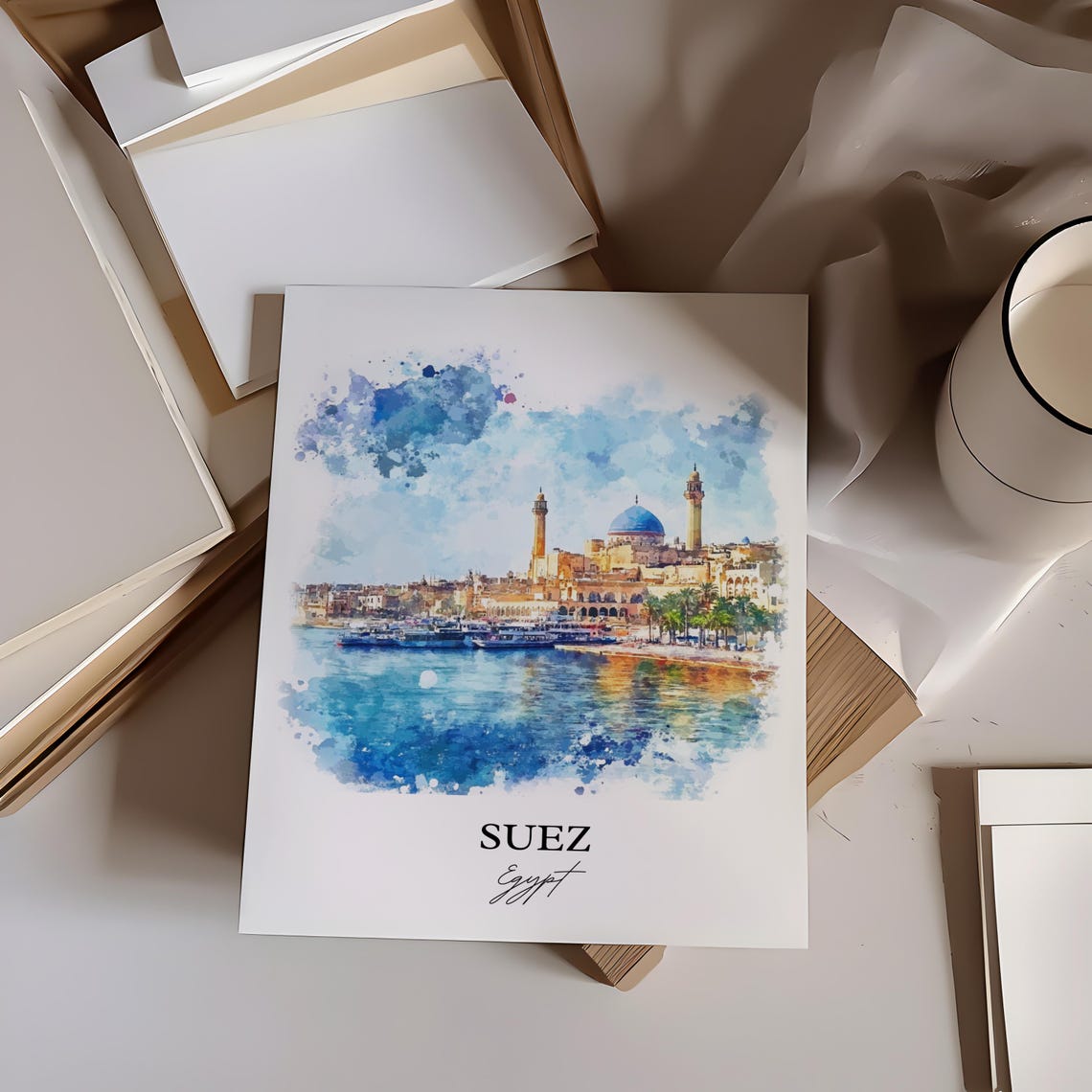 Suez Egypt Harbor Watercolor Mosque Skyline Travel Art Poster - Image 3