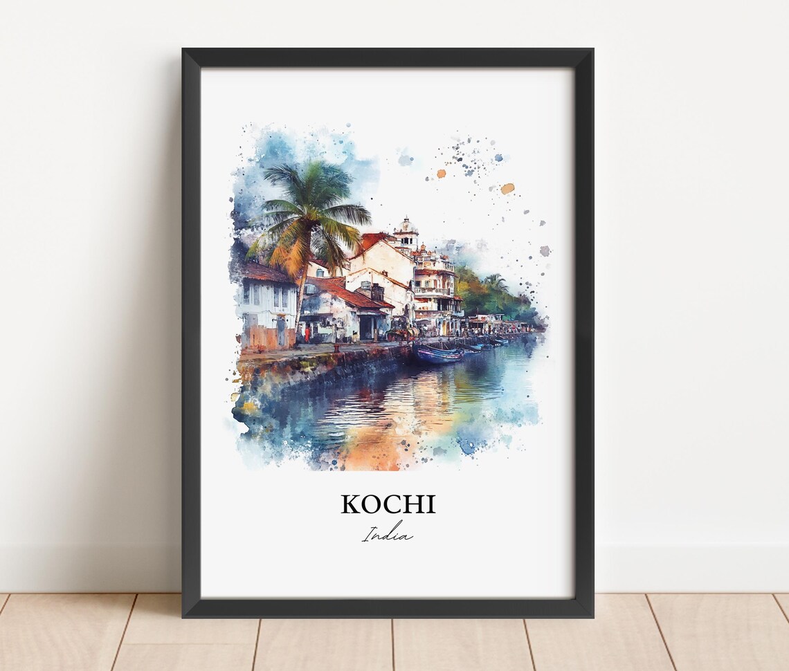 Kochi India Watercolor Harbor Scene Travel Souvenir Art Poster - Image 3