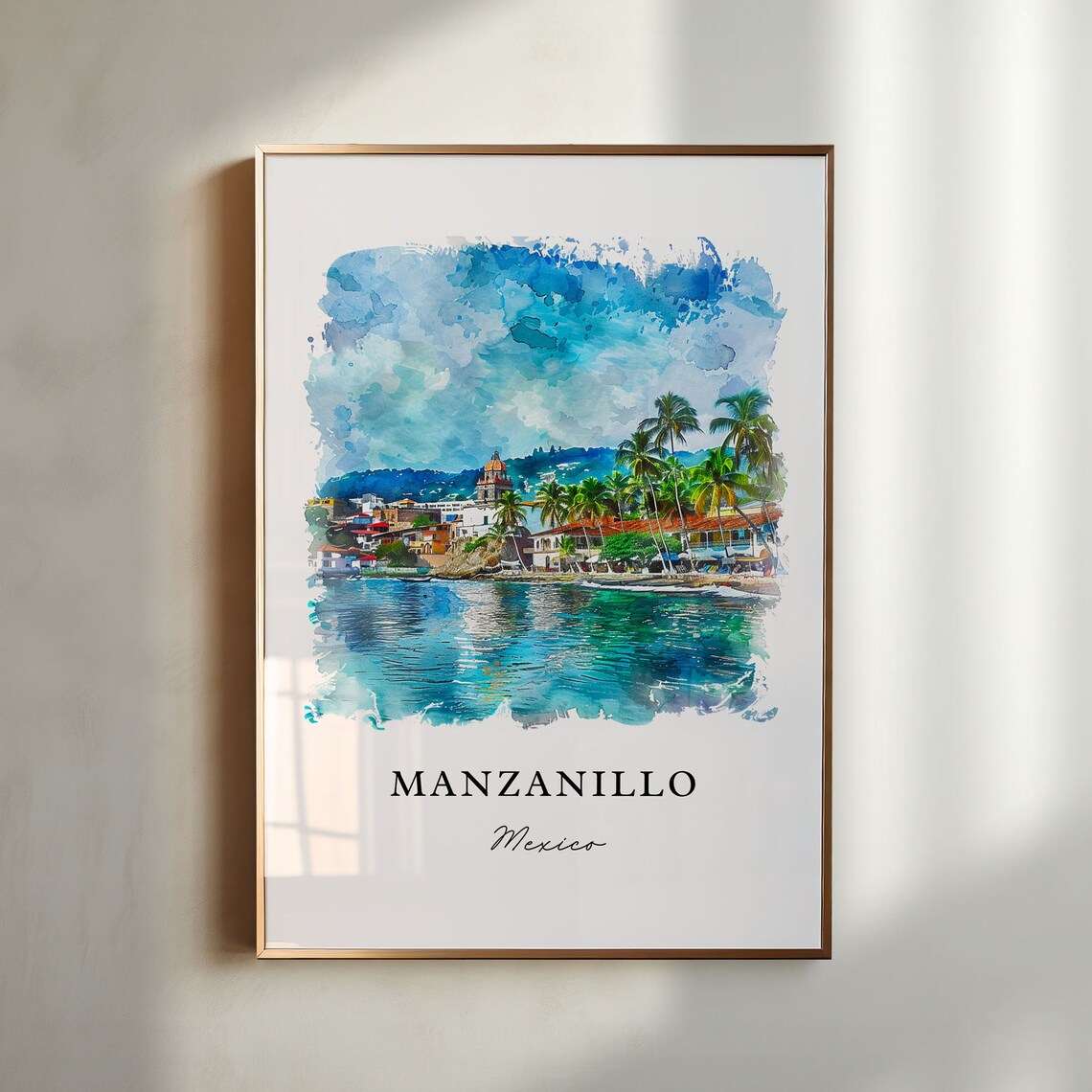 Manzanillo Mexico Palm Bay Beach Watercolor Print Home Decor Art