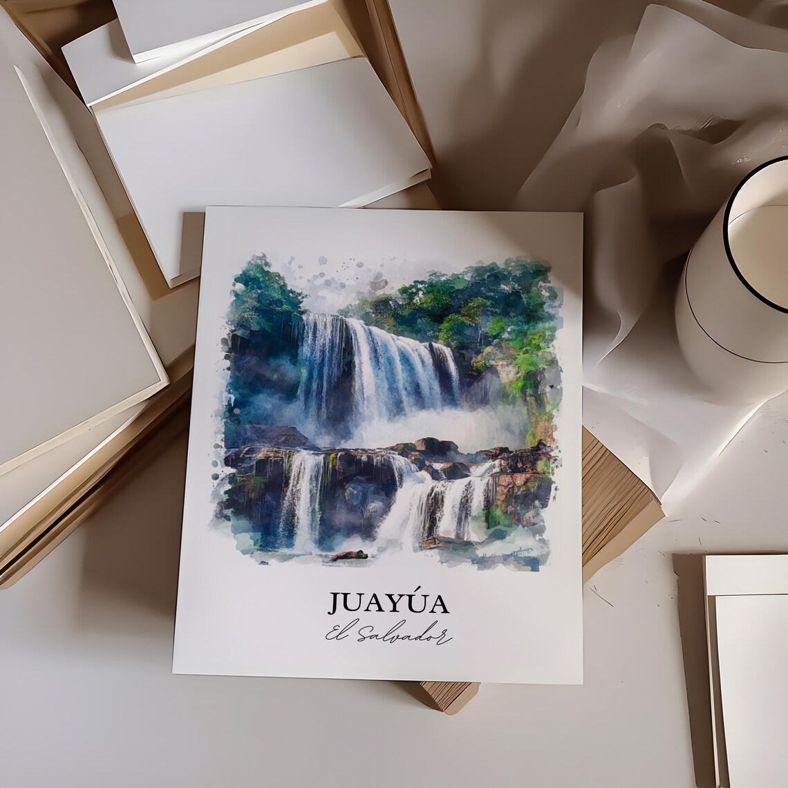 Juayua El Salvador Waterfall Jungle Cascades Watercolor Travel Poster - Image 3