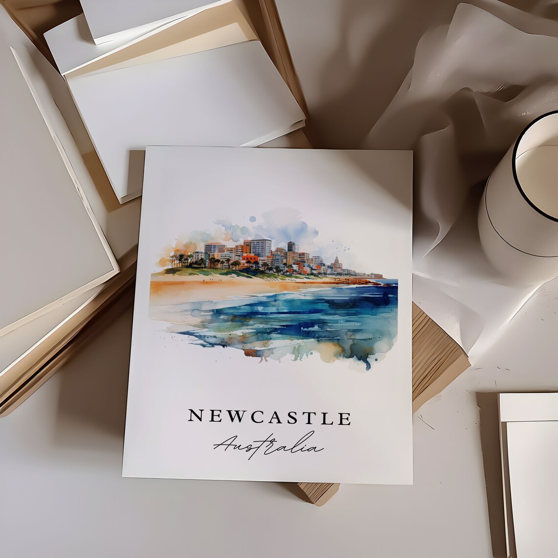 Newcastle Australia Beachfront Cityscape Watercolor Art Poster - Image 5