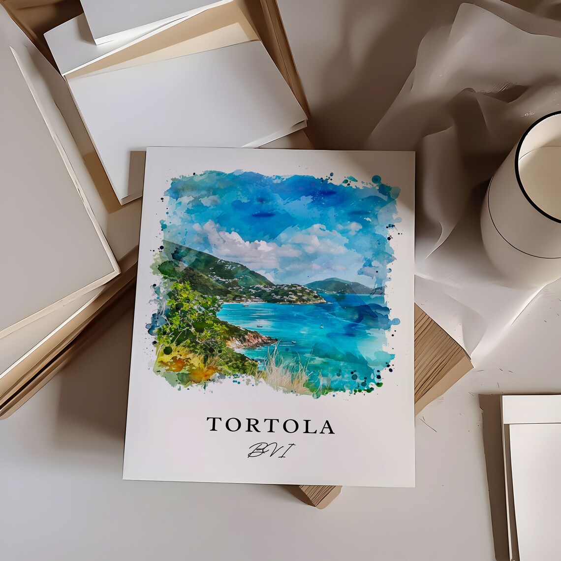 Tortola BVI Watercolor Turquoise Bay Caribbean Coast Scene Poster - Image 6