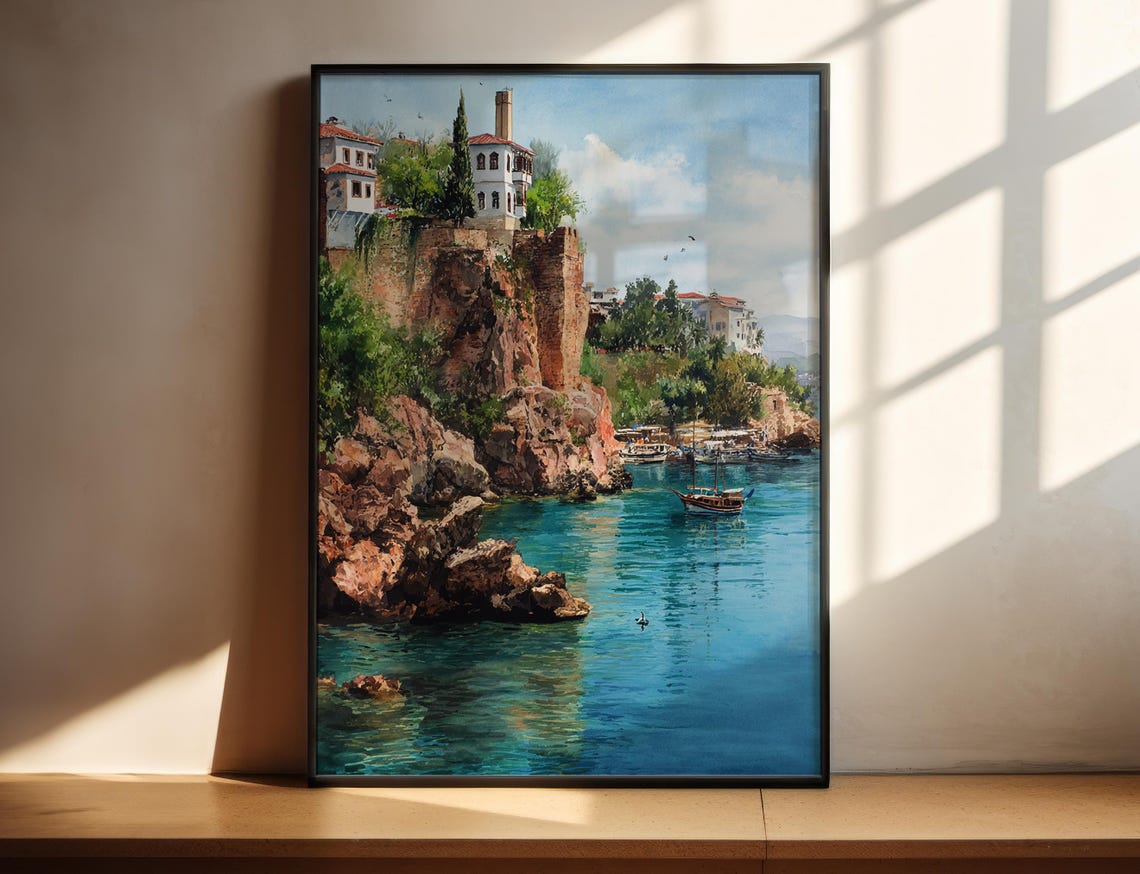 Antalya Turkey Old Town Harbor Cliff Watercolor Travel Poster