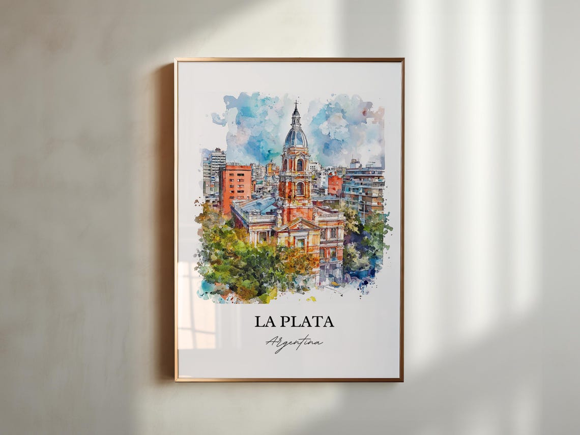 La Plata Argentina Watercolor Red Brick Cathedral Skyline Poster - Image 5