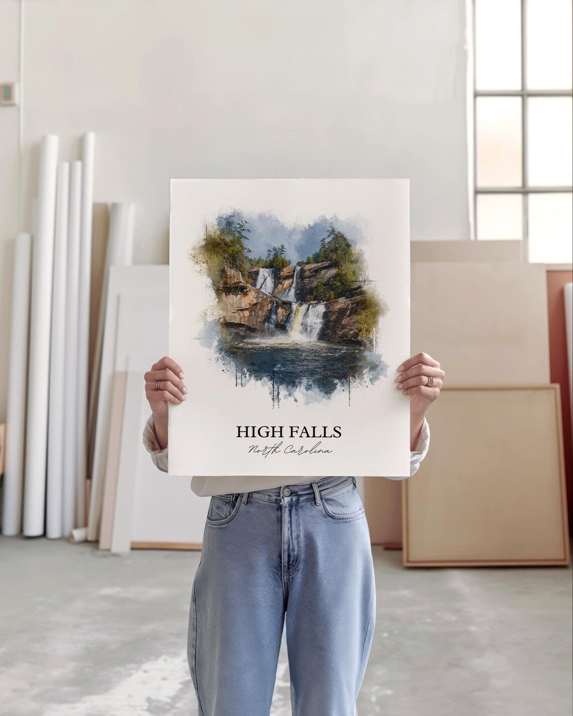High Falls North Carolina Tiered Rock Cascade Watercolor Poster - Image 3