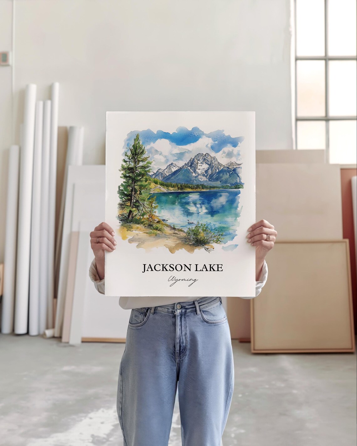 Jackson Lake Wyoming Mountain Lake Pine Trees Watercolor Poster - Image 2