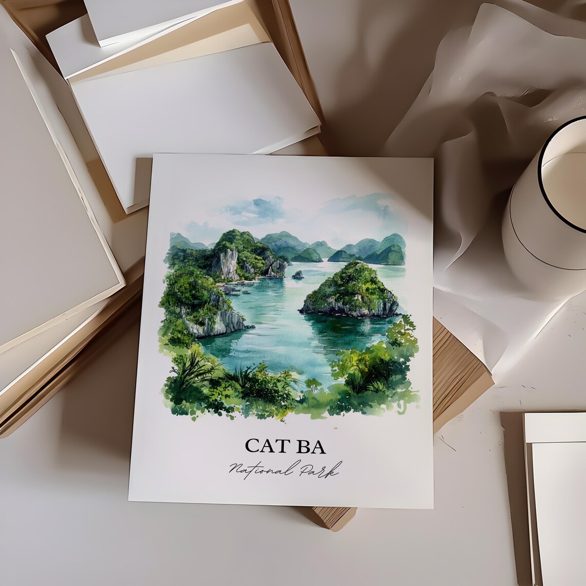 Cat Ba National Park Vietnam Turquoise Bay Watercolor Travel Poster - Image 3