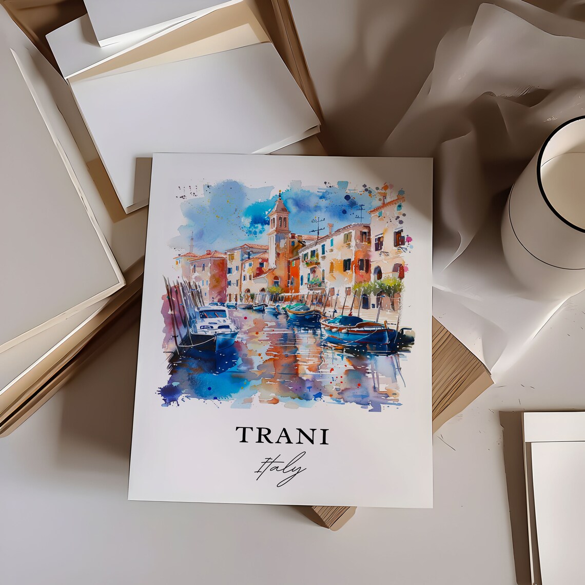Trani Italy Apulia Harbor Boats Watercolor Coastal Town Poster - Image 6