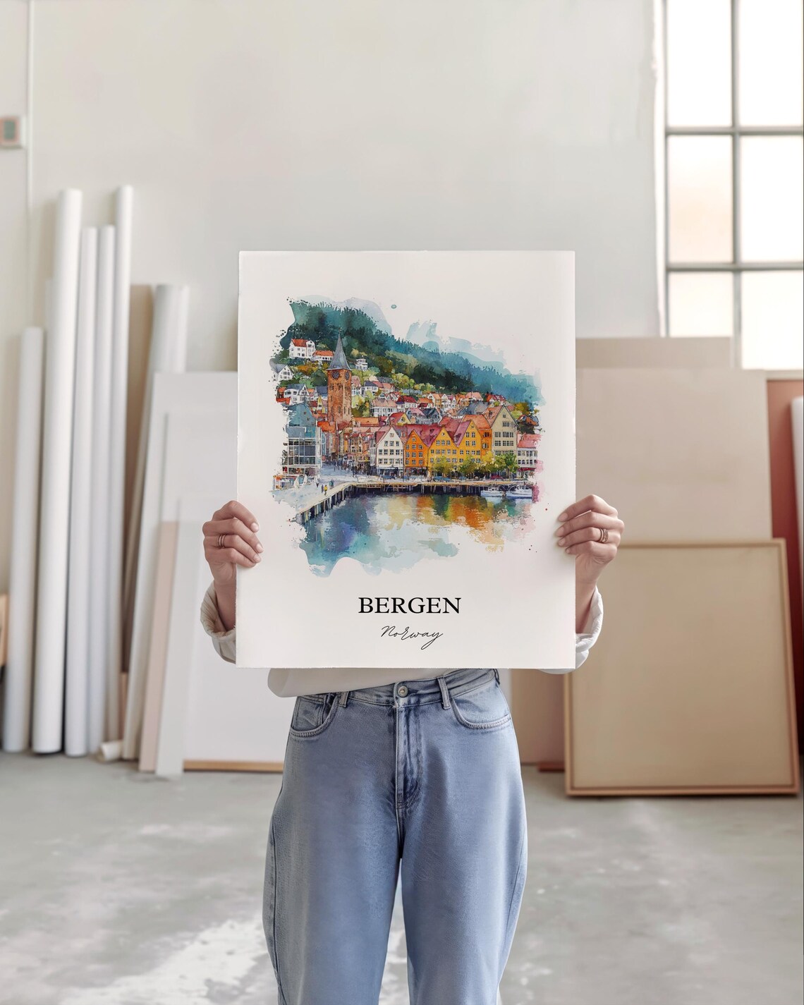 Bergen Norway Colorful Wharf Houses Watercolor Travel Poster - Image 4