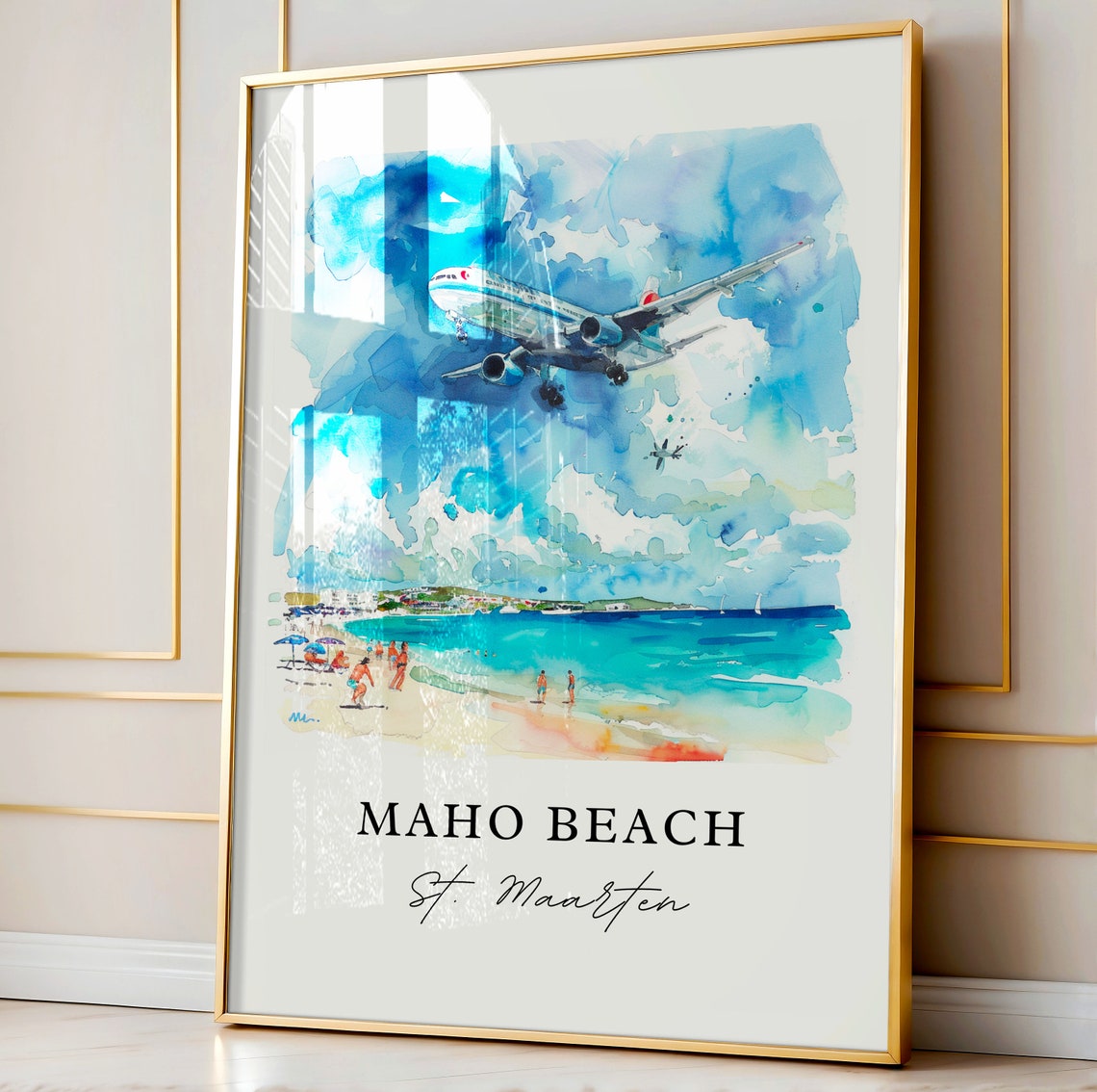 Maho Beach Saint Maarten Low Flying Jet Beach Watercolor Poster - Image 4