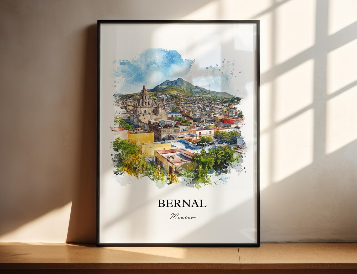 Bernal Mexico Rocky Mountain Town Church Watercolor Travel Poster