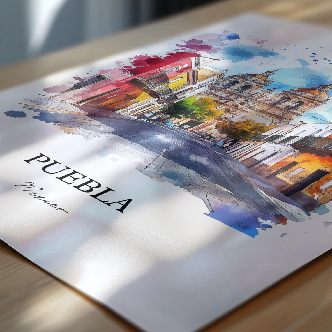 Puebla Mexico Colonial Cathedral Street Watercolor Travel Poster - Image 6